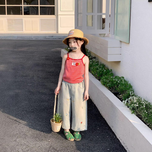 夏季女童后背镂空格子吊带背心