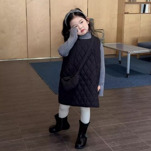 TOTObaby韩系女童黑色绗线夹棉背心裙2025冬装宝宝洋气A字连衣裙
