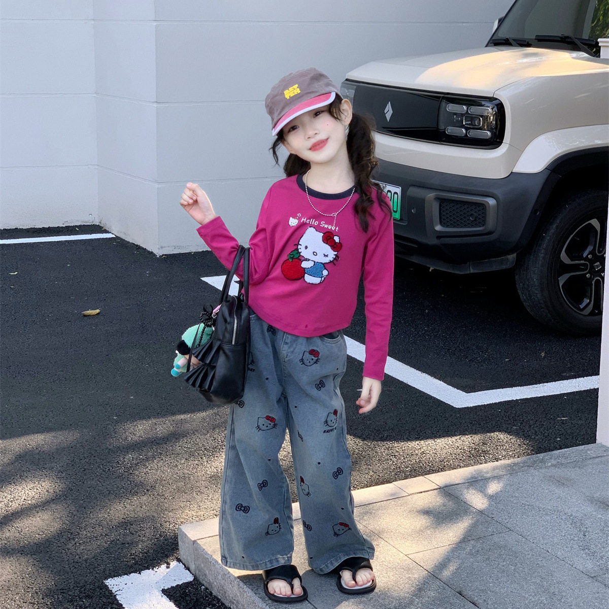 TOTObaby2026春装新款女童洋气卡通长袖T恤+猫咪印花牛仔阔腿裤,童装/婴儿装/亲子装,T恤,淘宝优惠券,粉丝福利购,淘宝优惠卷