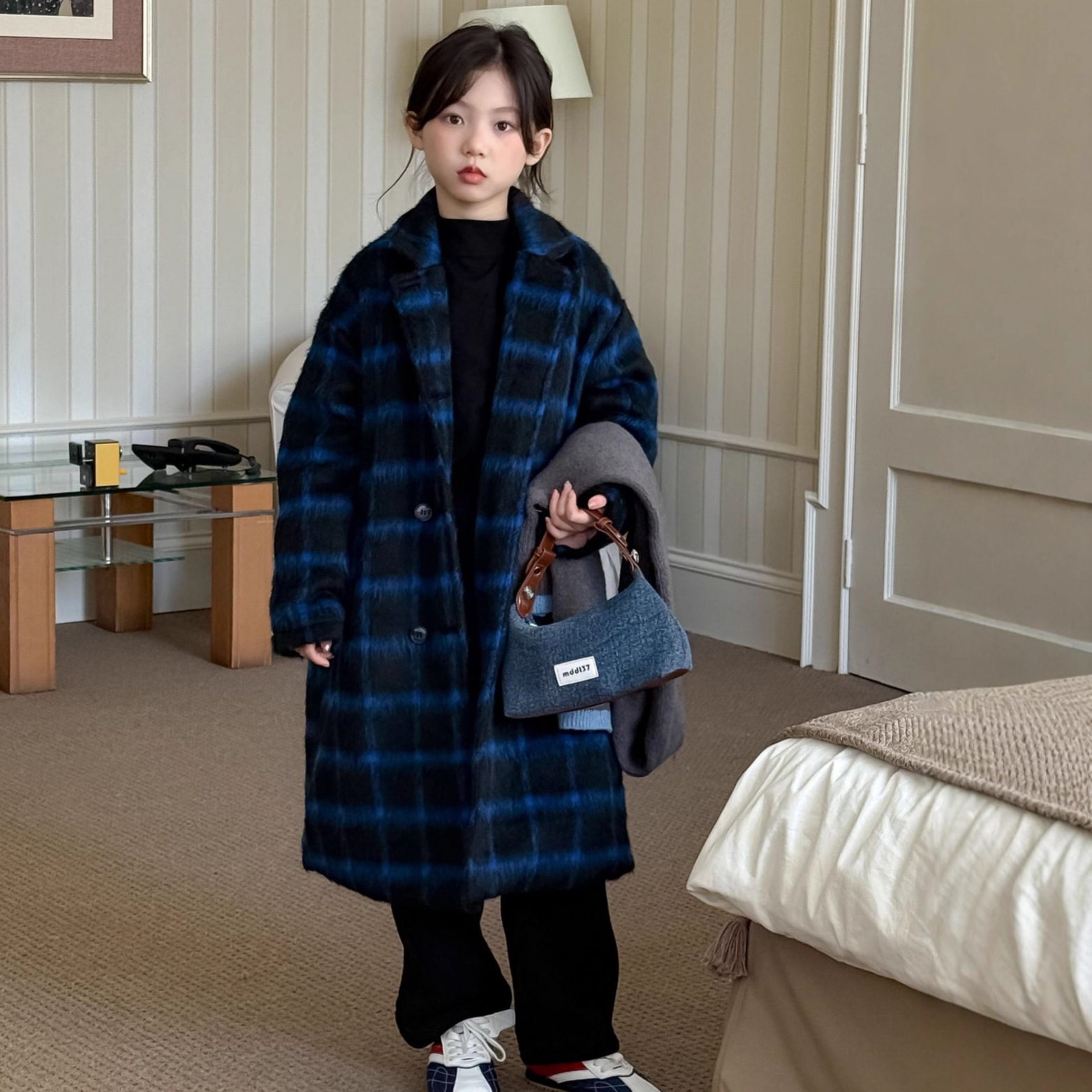 TOTObaby女童冬装复古蓝色格子大衣儿童韩版加棉加厚长款毛呢外套