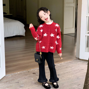 TOTObaby冬装新款女童洋气新年装满印星星红色毛衣保暖针织外套
