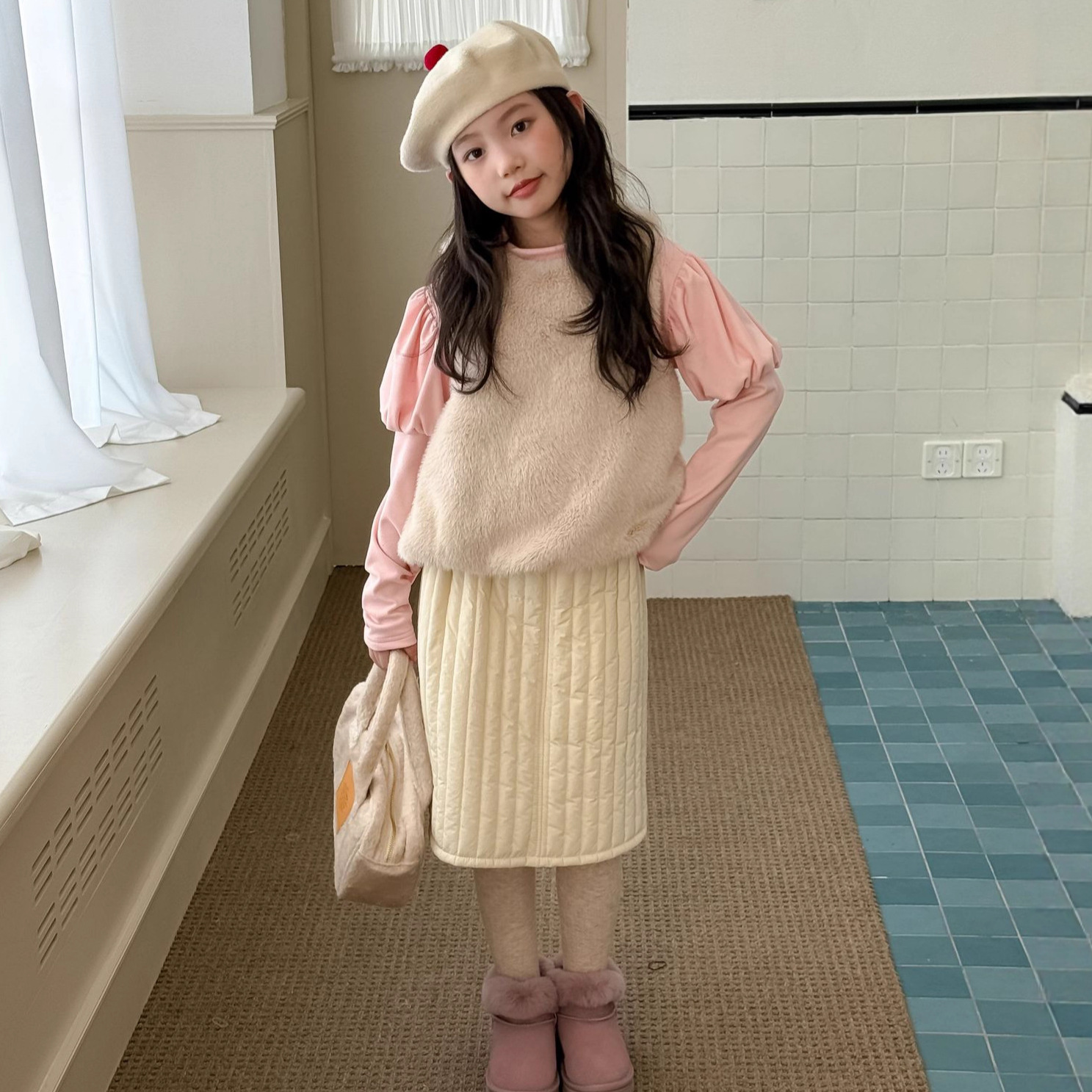TOTObaby2025秋冬女童韩版洋气仿皮草毛绒马甲泡泡袖打底衫两件套