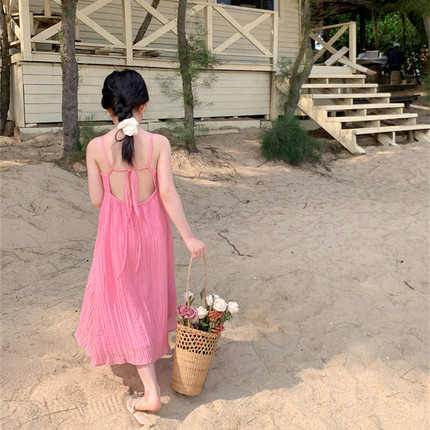 TOTObaby女童夏季法式粉色后背绑带露背海边度假连衣裙公主长裙