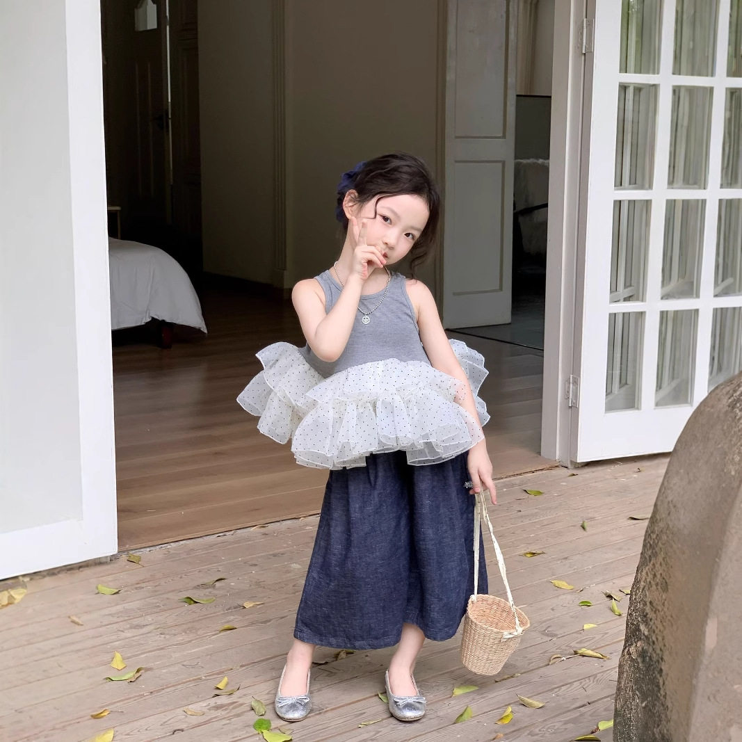 TOTObaby夏季女童甜美套装复古植绒波点网纱背心儿童牛仔阔腿裤潮