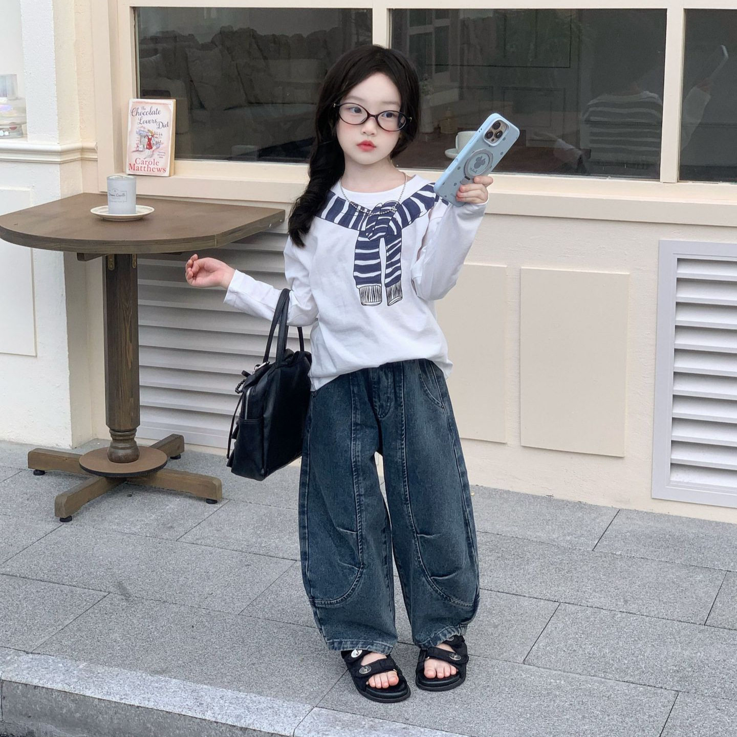 TOTObaby春季2026韩版女童披肩印花长袖T恤儿童褶皱弯刀牛仔裤,童装/婴儿装/亲子装,T恤,淘宝优惠券,粉丝福利购,淘宝优惠卷