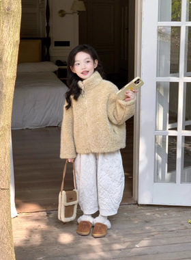 TOTObaby冬装新款女童洋气黄色加厚皮毛一体上衣立领仿羊羔毛外套