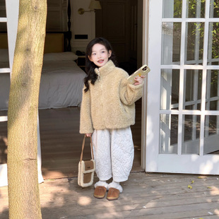 TOTObaby冬装新款女童洋气黄色加厚皮毛一体上衣立领仿羊羔毛外套