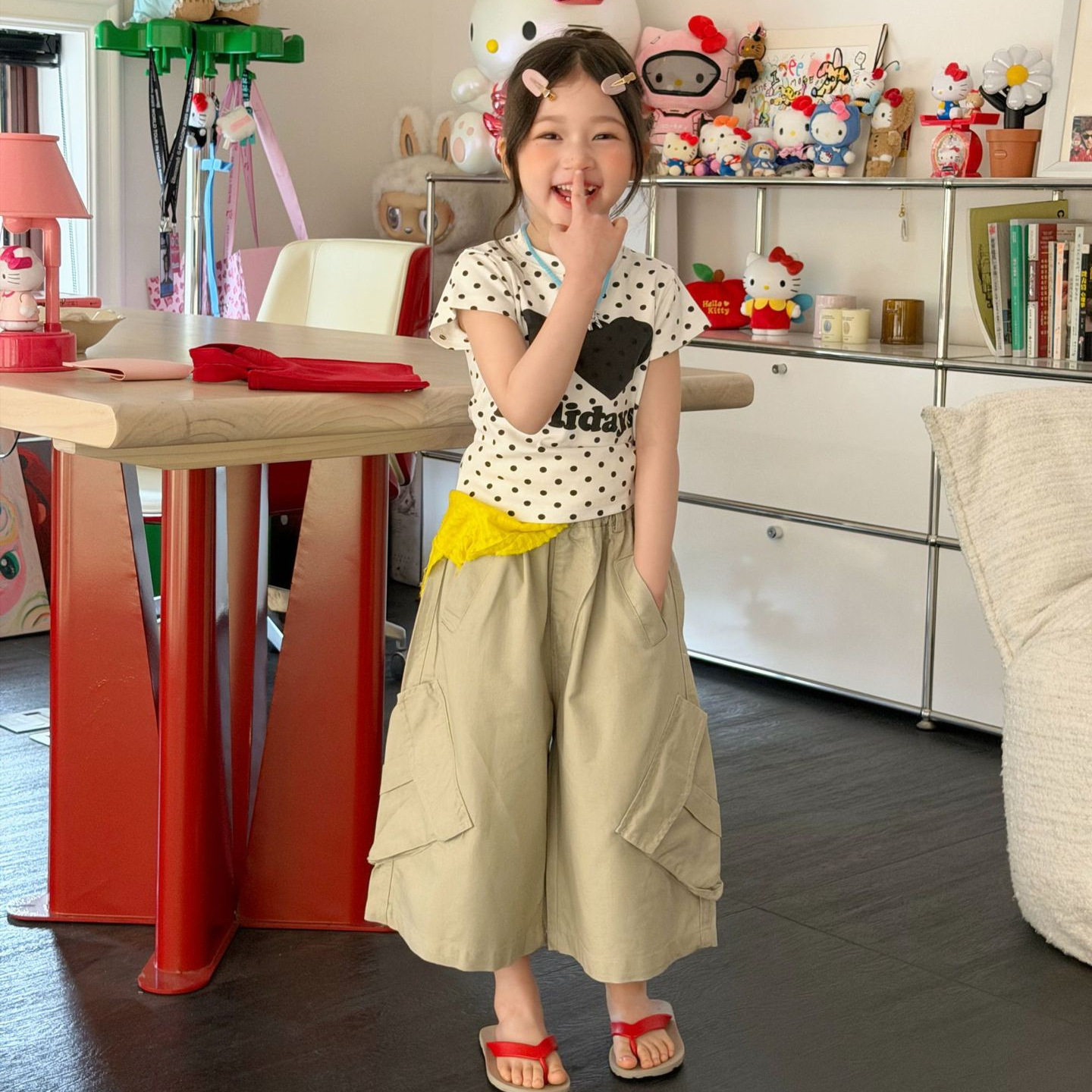 TOTObaby夏季新款女童ins波点爱心修身短袖T恤韩版工装七分裤套装