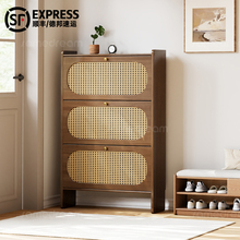 三梦超薄全实木胡桃色鞋柜家用门口入户门室内翻斗窄鞋柜衣架一体