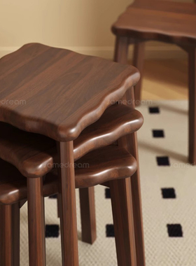 三梦实木凳子家用可叠放客厅备用餐桌凳结实耐用木头方板凳梳妆凳