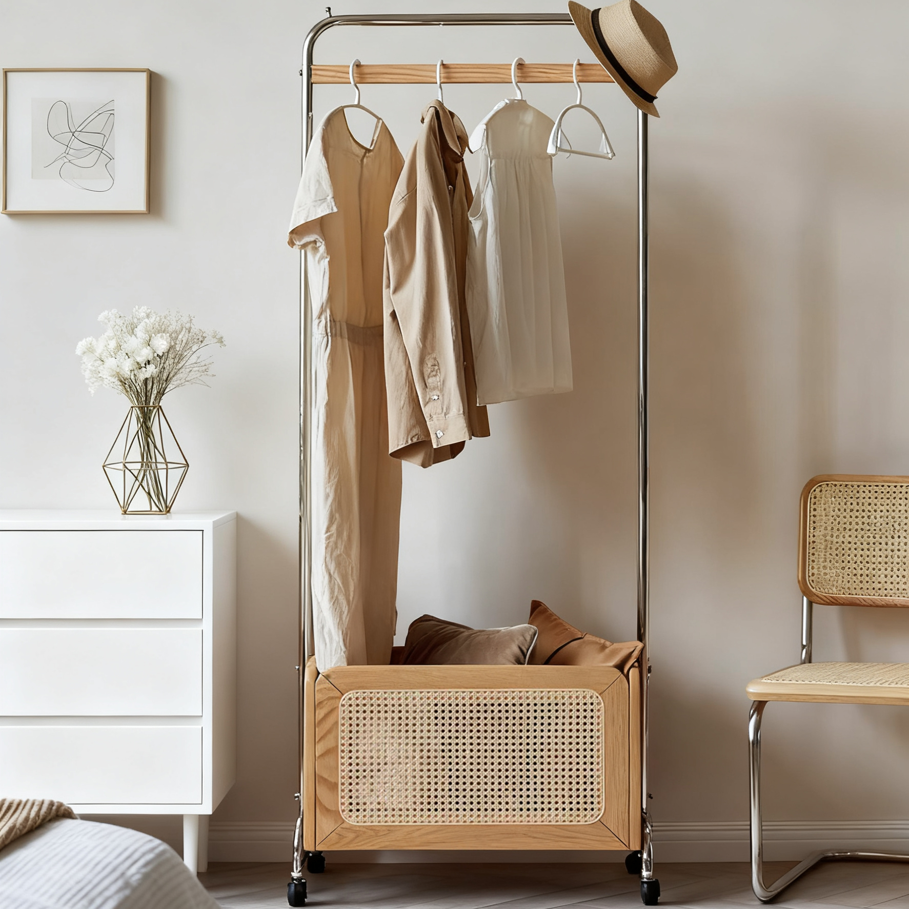三梦实木衣帽架2025新款藤编复古移动挂衣架卧室多功能收纳置物架