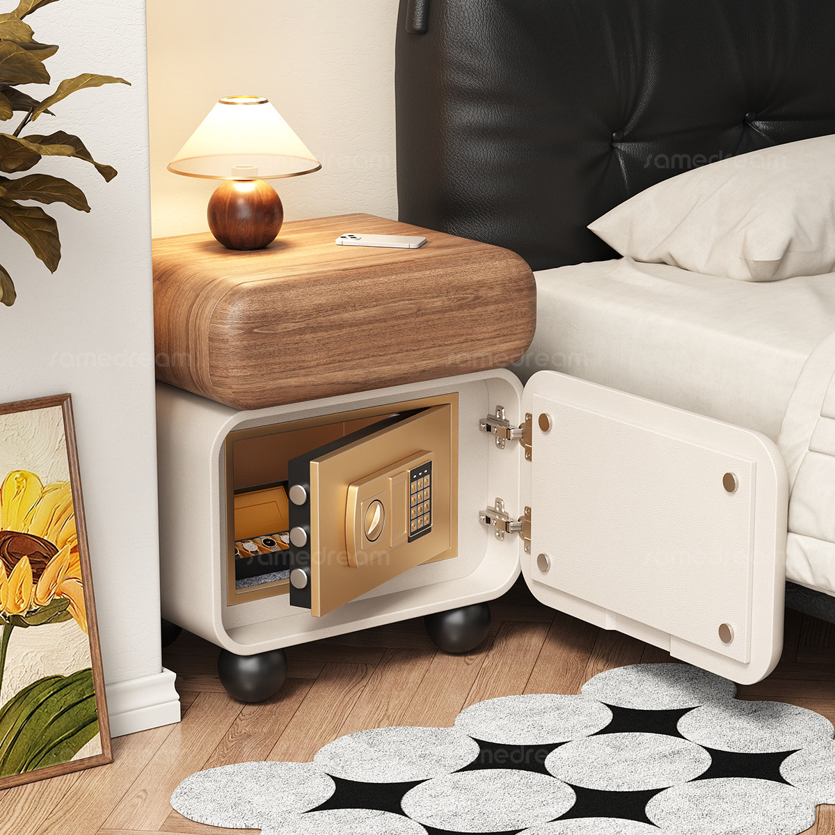 三梦智能床头柜保险箱一体带锁实木家用卧室中古奶油风小型床边柜