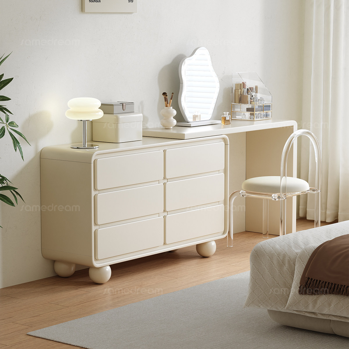 三梦实木奶油风梳妆台斗柜一体2025新款卧室可伸缩转角简约化妆桌