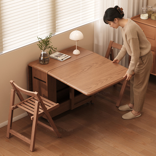 三梦实木折叠餐桌家用小户型饭桌长方形餐桌椅可折叠餐桌吃饭桌子
