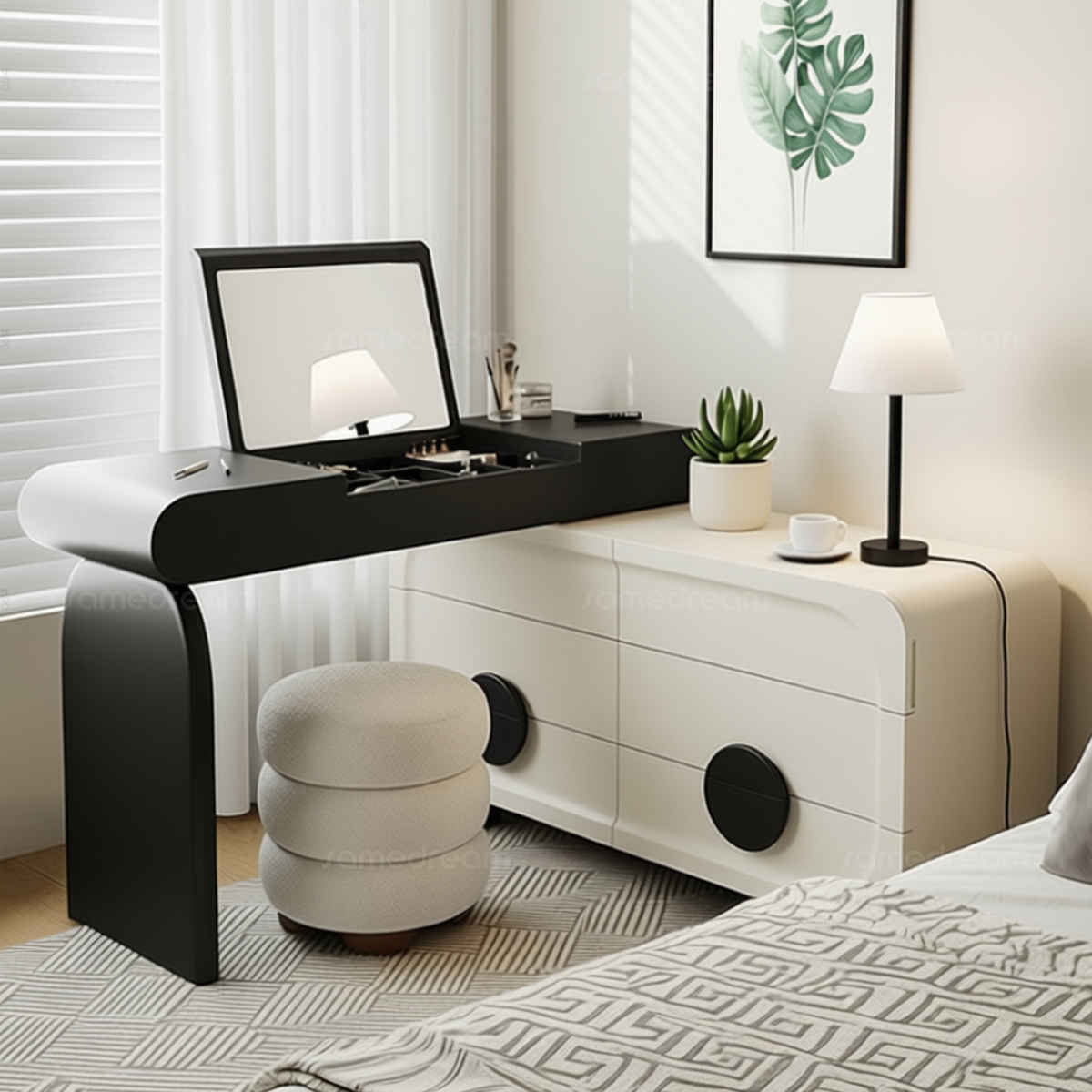 实木梳妆台卧室简约现代2025新款高级感斗柜一体伸缩化妆桌翻盖镜