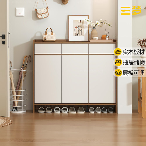 三梦全实木鞋柜入户门家用门口收纳柜一体靠墙2025新款楼道外鞋架
