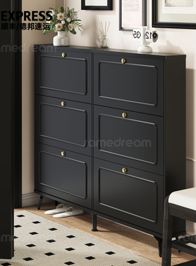 三梦实木超薄鞋柜进门黑色家用门口入户门小窄鞋柜玄关柜一体楼道