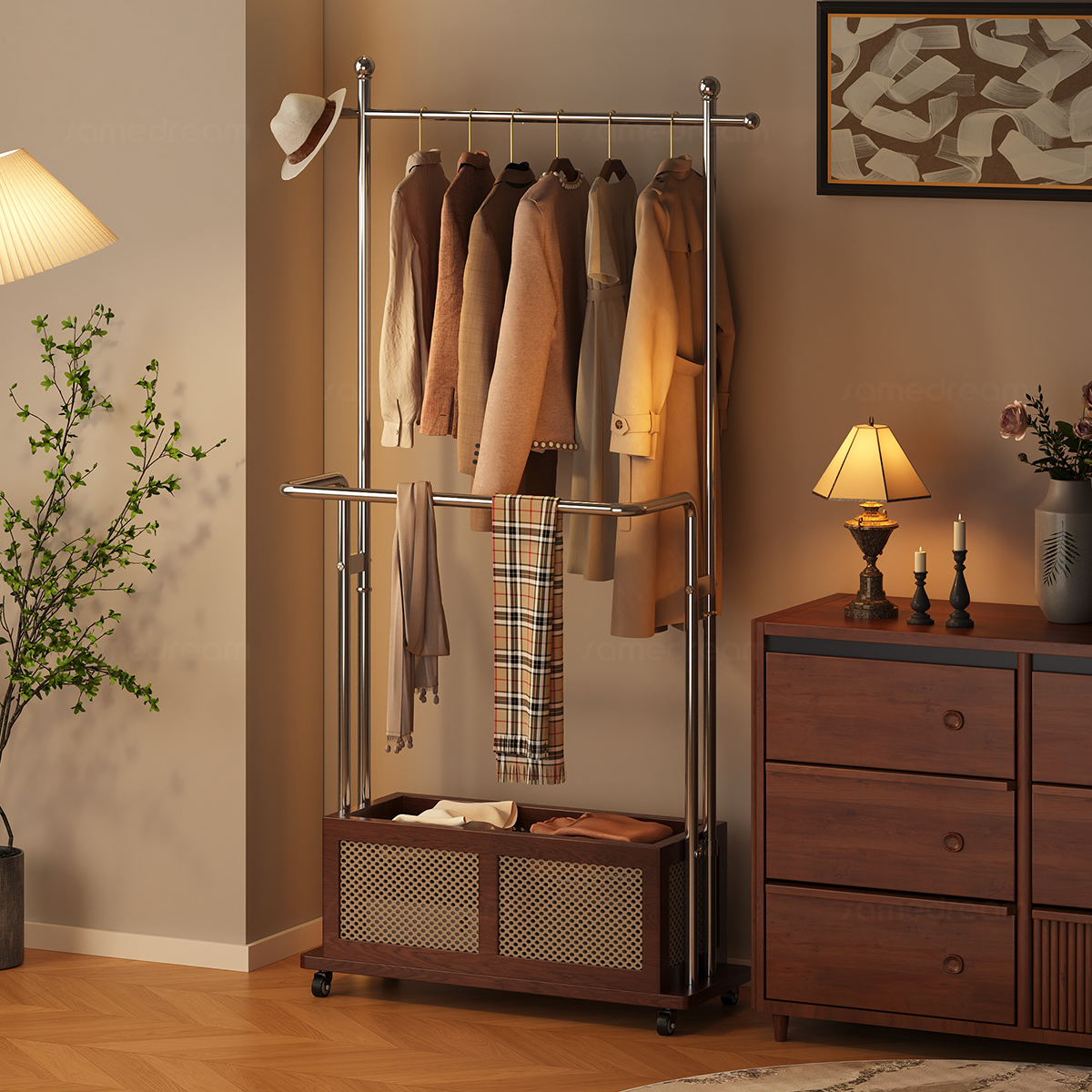 三梦中古风衣帽架落地卧室挂衣架多功能收纳不锈钢客厅挂衣杆衣架