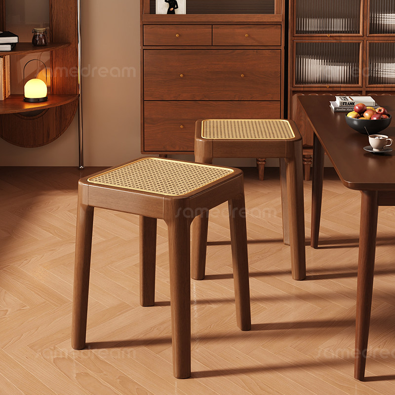 实木凳子家用可叠放藤编方凳结实耐用中古风高板凳客厅备用餐桌凳