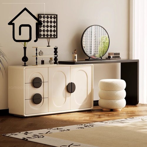 三梦实木茶几梳妆台斗柜一体卧室轻奢黑白高级感伸缩收纳储物边几