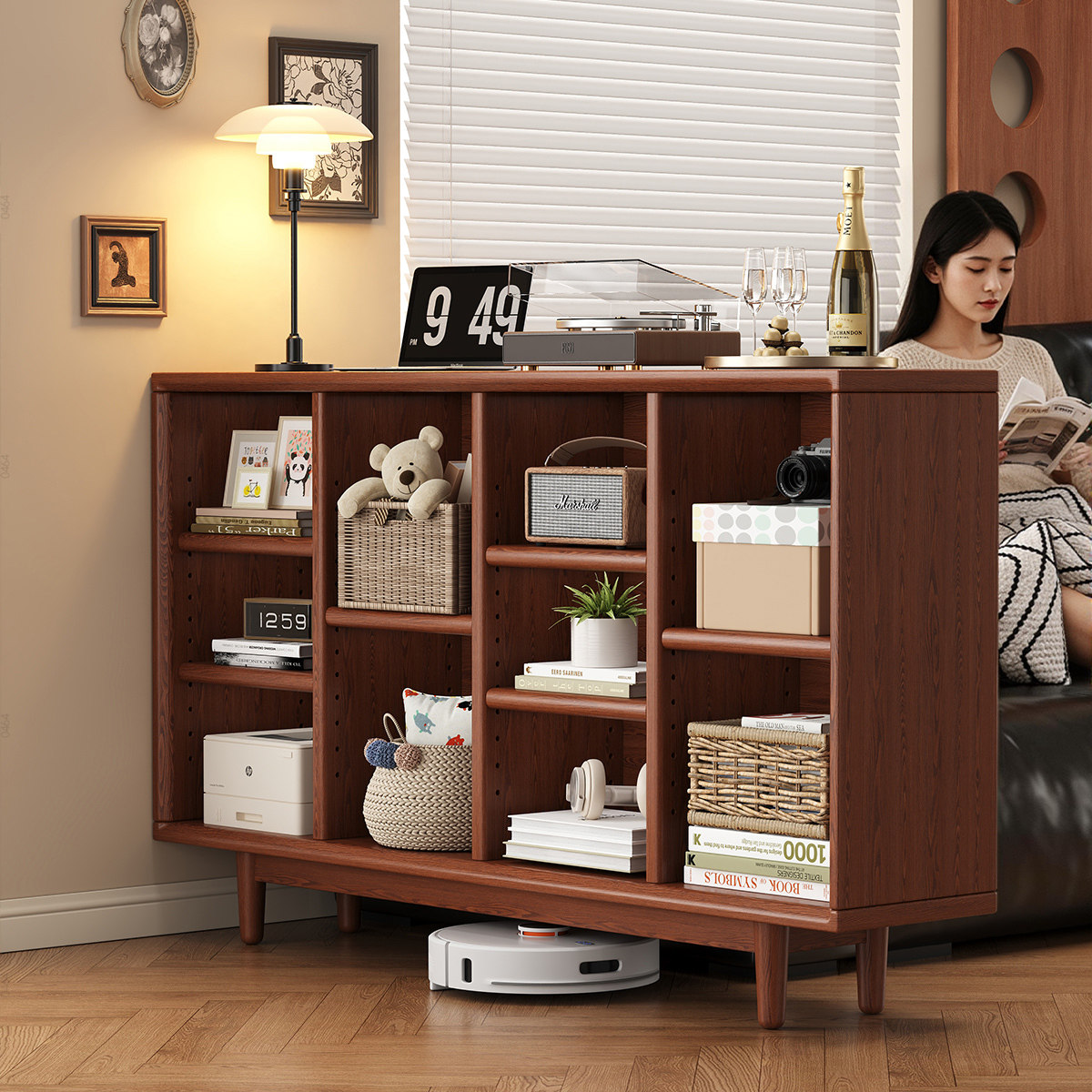 三梦实木书架儿童书柜书本储物柜一体靠墙柜腿落地台面置物展示柜