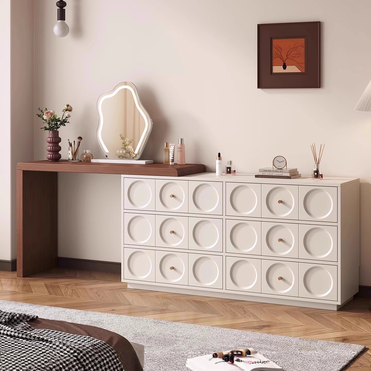 三梦梳妆台床尾斗柜一体书桌实木化妆台卧室转角法式白色现代简约