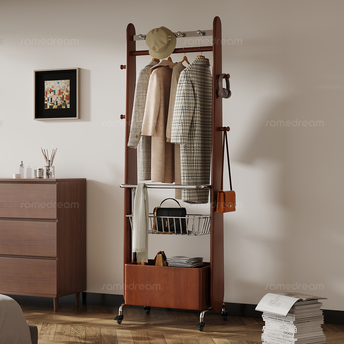 三梦实木卧室客厅小户型带轮移动挂衣架创意多功能落地衣帽架