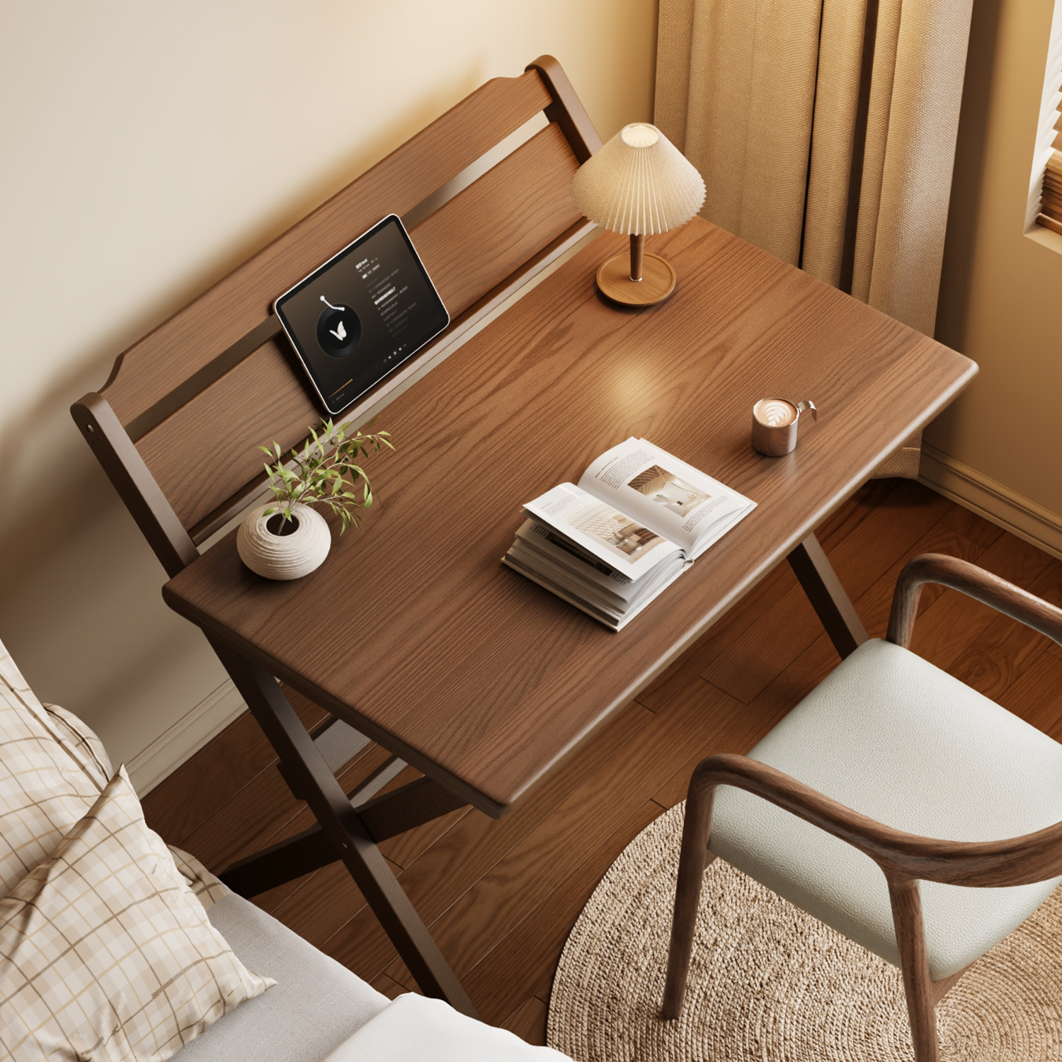 三梦实木折叠书桌家用电脑桌卧室小户型床边学习小桌子简易办公桌