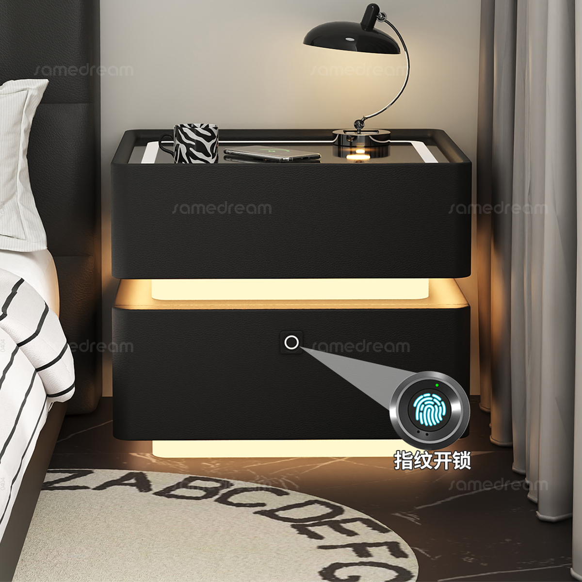 智能床头柜黑色简约现代实木床边柜子轻奢高级感卧室指纹锁收纳柜
