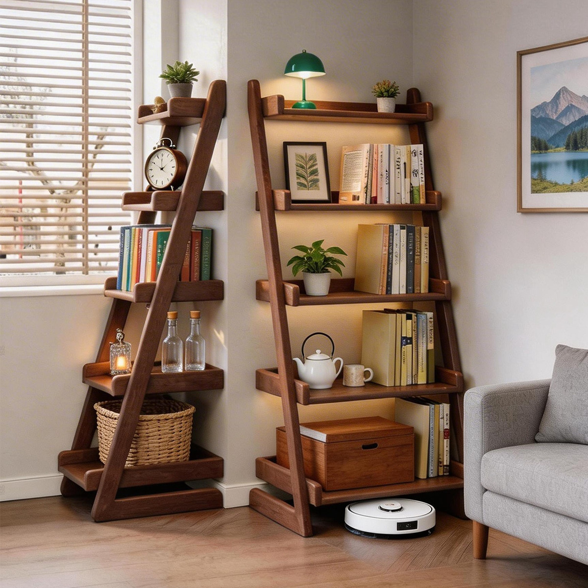 纯实木书架落地置物架一体靠墙客厅梯形简易展示书柜收纳储物柜子