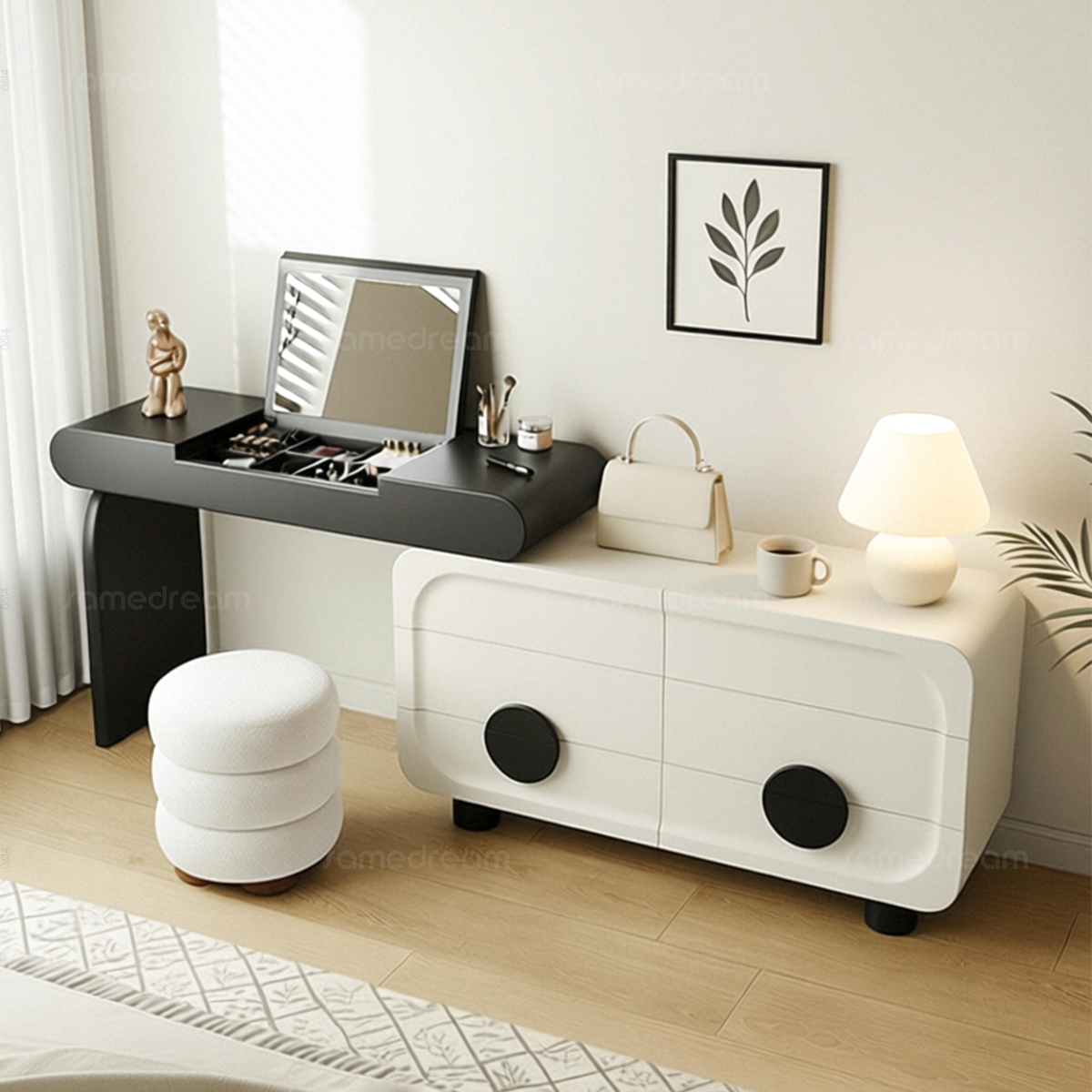 实木梳妆台卧室简约现代2025新款高级感斗柜一体伸缩化妆桌翻盖镜