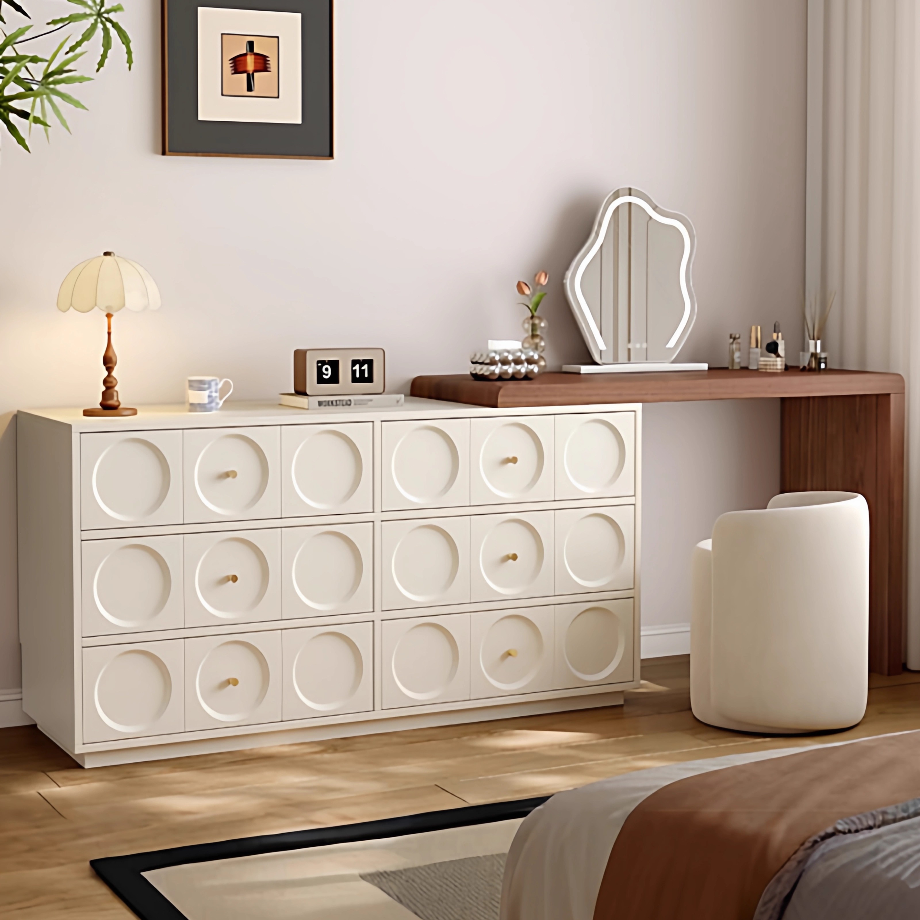 三梦实木梳妆台床尾斗柜一体书桌