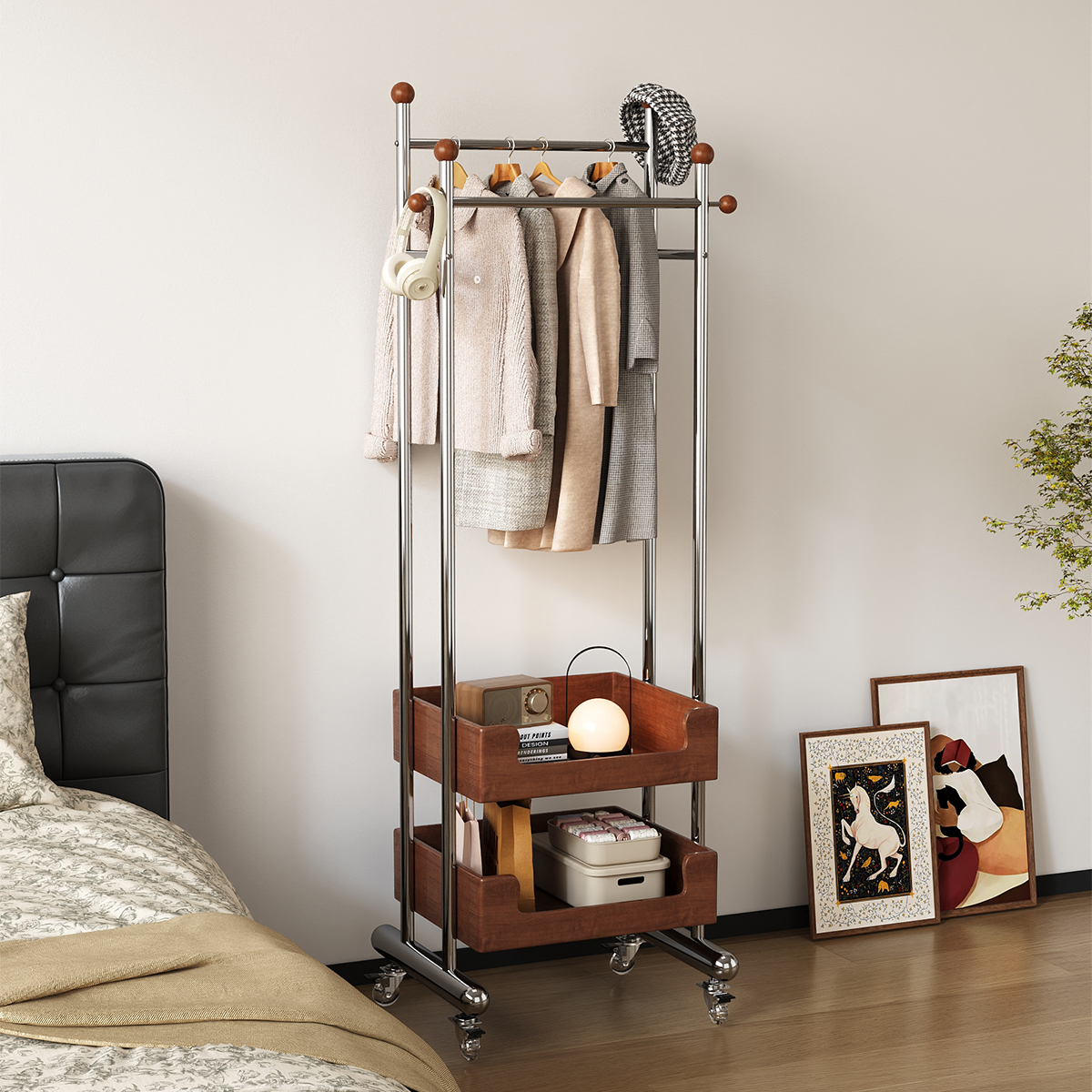 实木落地衣帽架可移动置物架