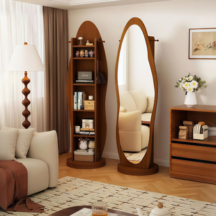 中古风全身镜家用落地镜卧室可旋转移动穿衣镜杂志架储物试衣镜子
