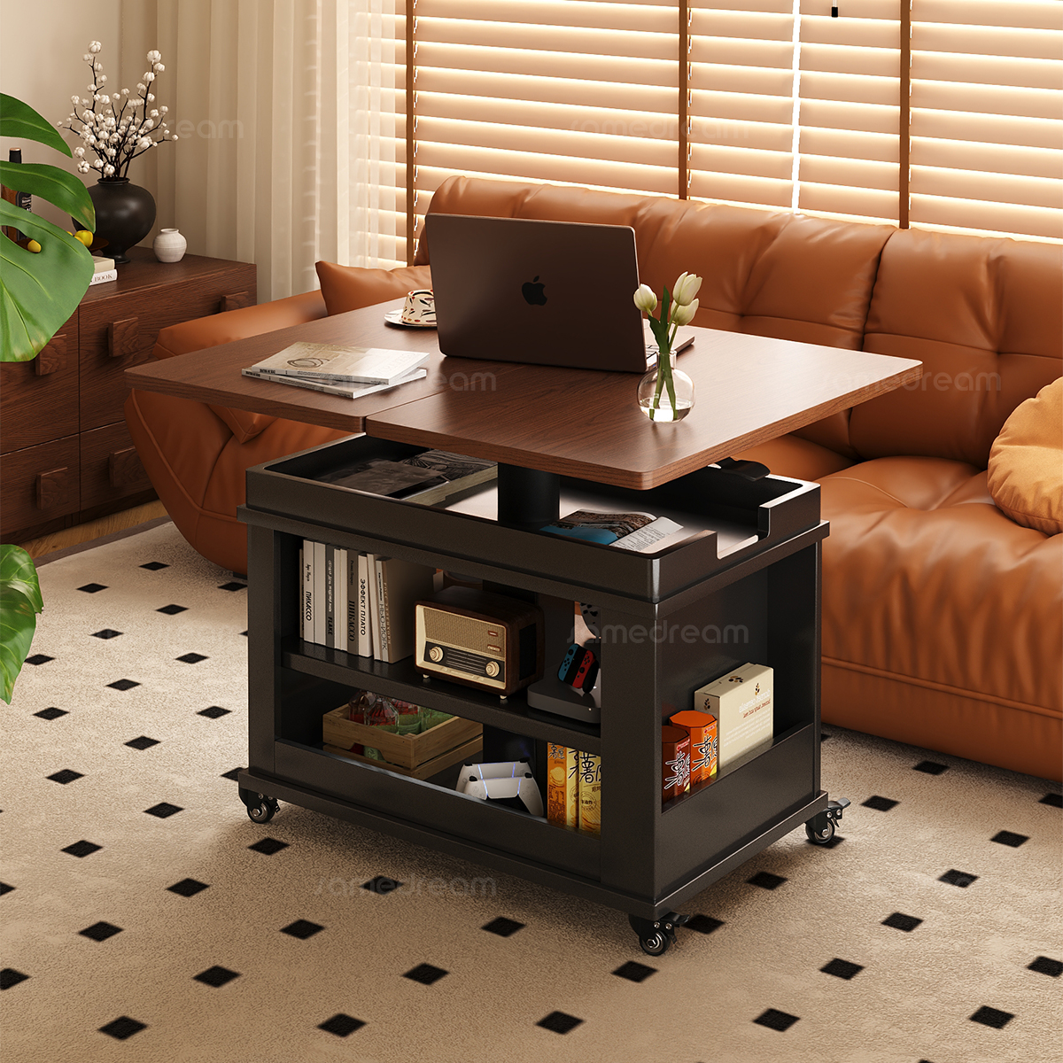 三梦实木移动升降茶几沙发边几