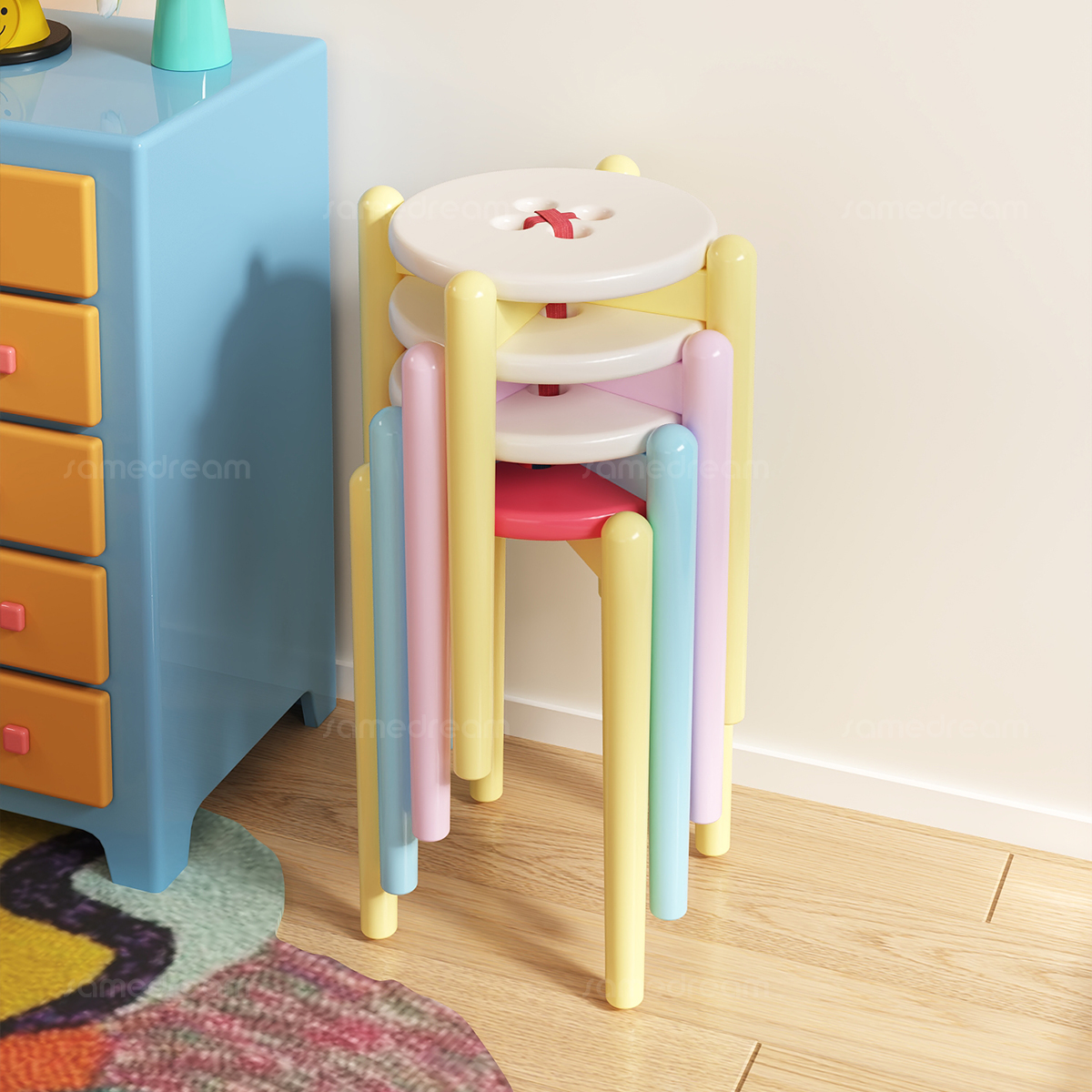 实木多巴胺圆凳可叠放加厚耐用