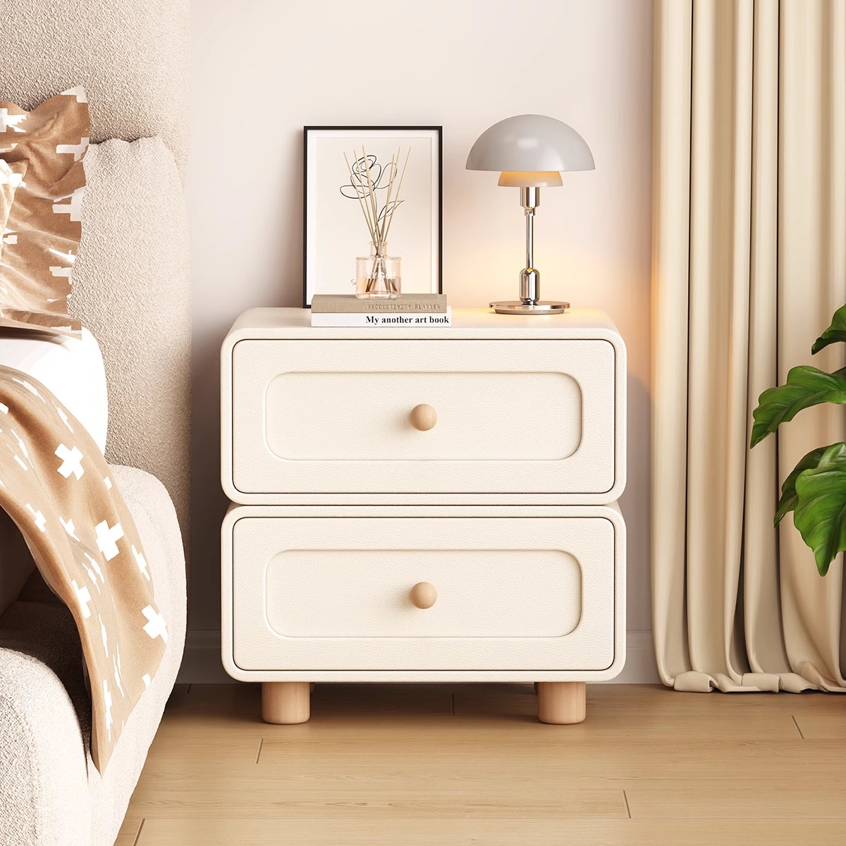 奶油风实木床头柜免安装