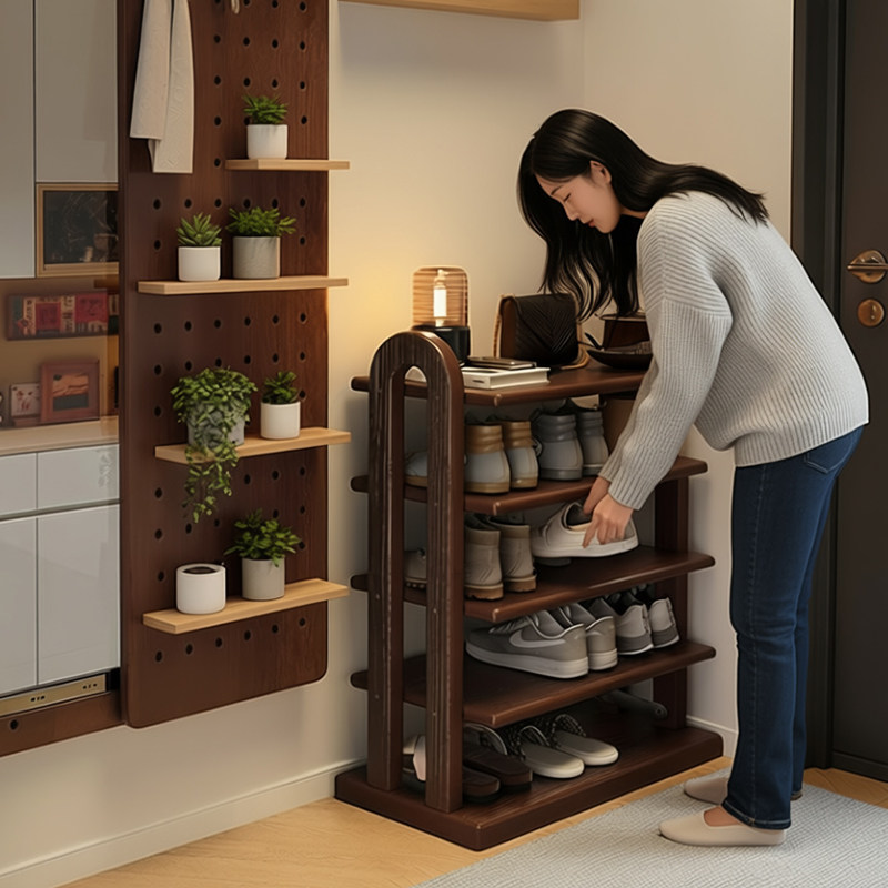 纯实木胡桃色鞋架，增添艺术一角