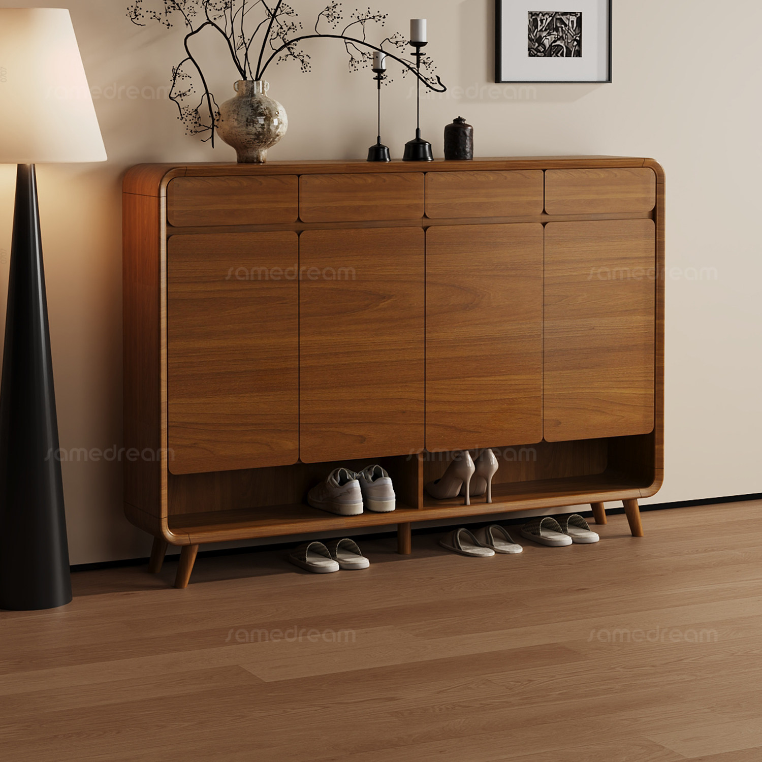 三梦全实木大容量鞋柜胡桃色家用门口入户鞋柜玄关柜一体靠墙室内