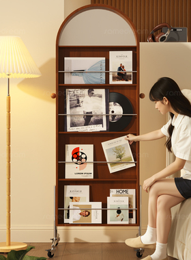 中古风实木全身镜家用落地镜可旋转移动穿衣镜卧室杂志架储物镜子