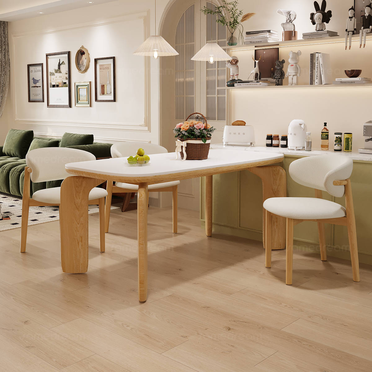 三梦法式奶油风实木餐桌椅