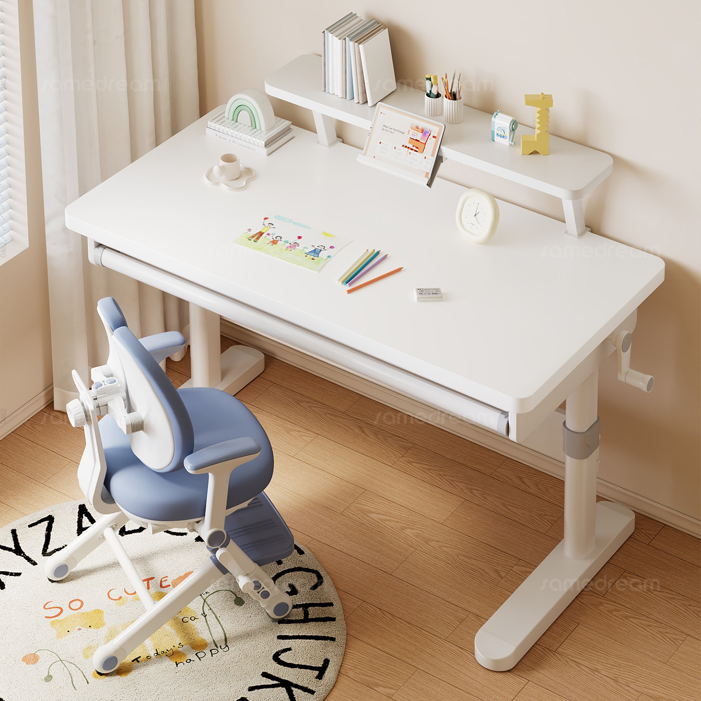 三梦儿童学习桌可升降小学生作业写字桌子家用实木书桌课桌椅套装