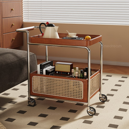 可移动边几小推车茶几客厅家用沙发边柜中古实木小桌子收纳置物架