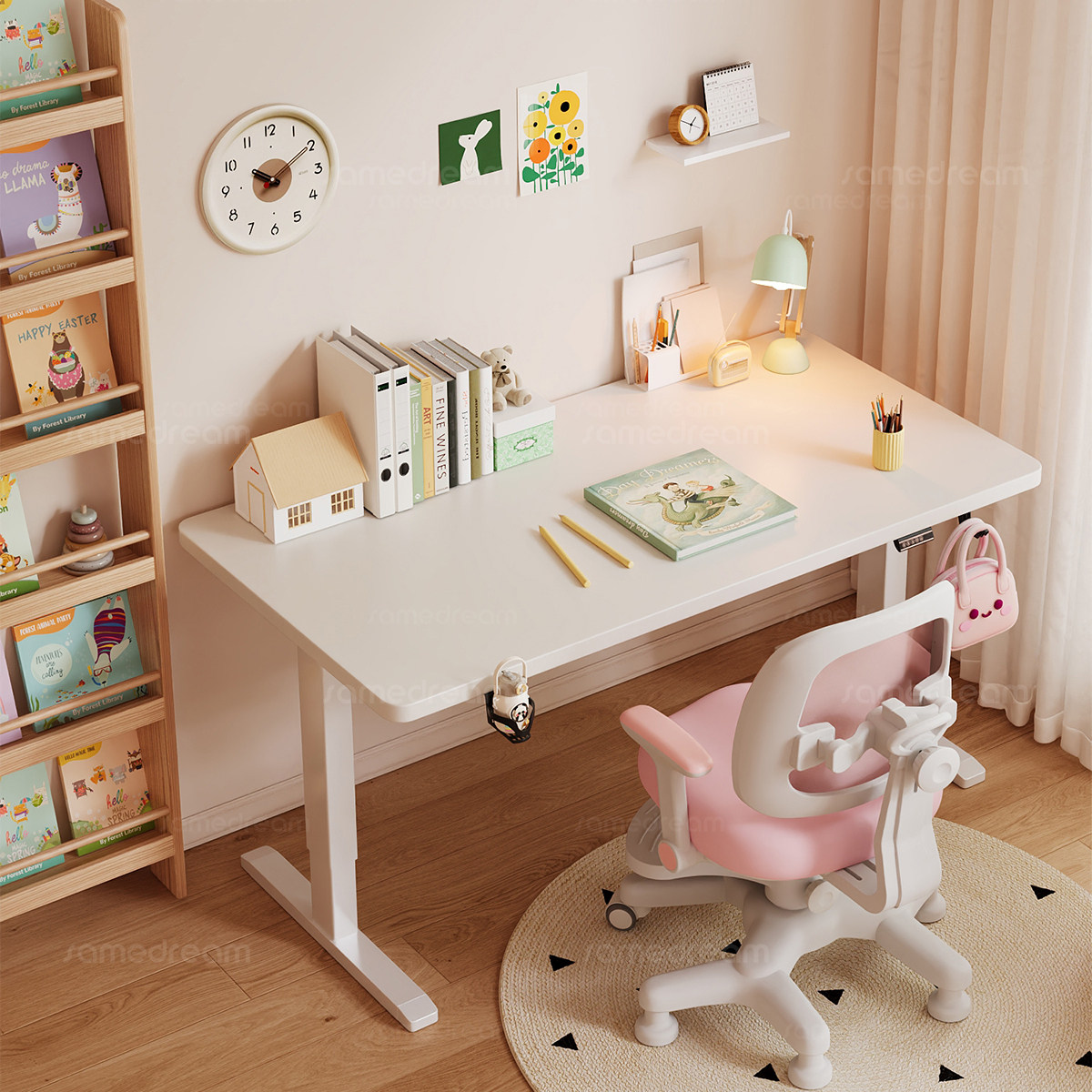 三梦实木电动升降桌儿童学习桌电脑桌卧室家用书桌台式桌子工作台