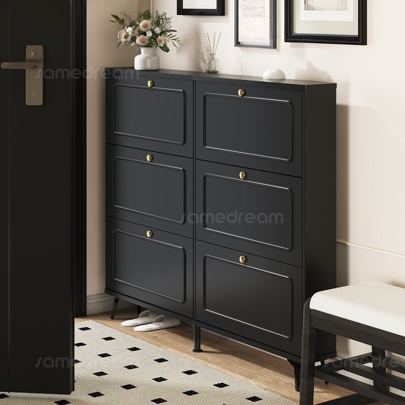 三梦实木超薄鞋柜进门黑色家用门口入户门小窄鞋柜玄关柜一体楼道