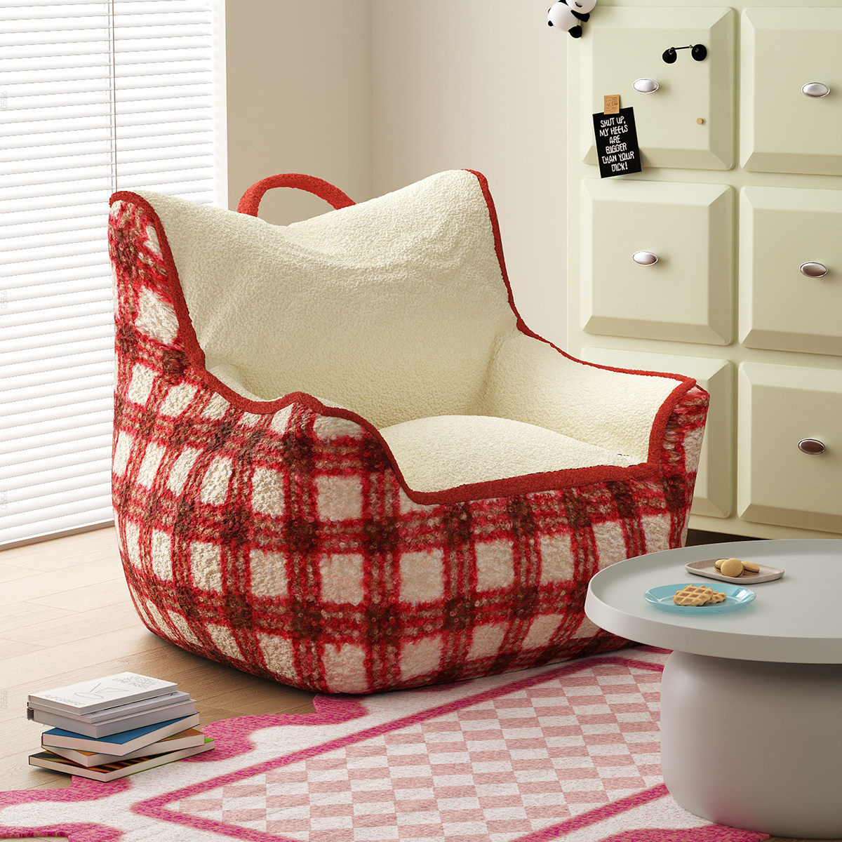 三梦懒人沙发复古格纹单人休闲椅北欧米白色圆筒包造型小沙发,住宅家具,懒人沙发,淘宝优惠券,粉丝福利购,淘宝优惠卷