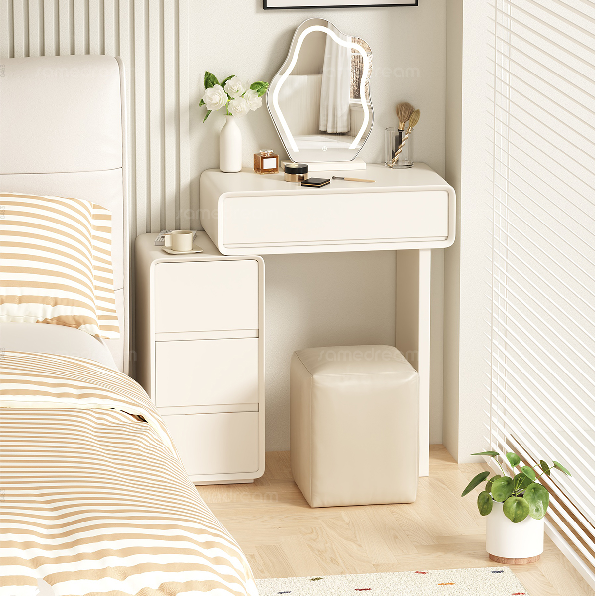 奶油风实木烤漆床头柜梳妆台一体
