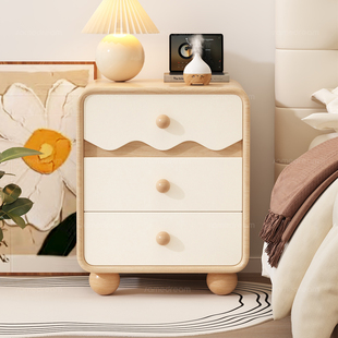 实木床头柜奶油风家用卧室小型高级感儿童创意简约原木风收纳柜子