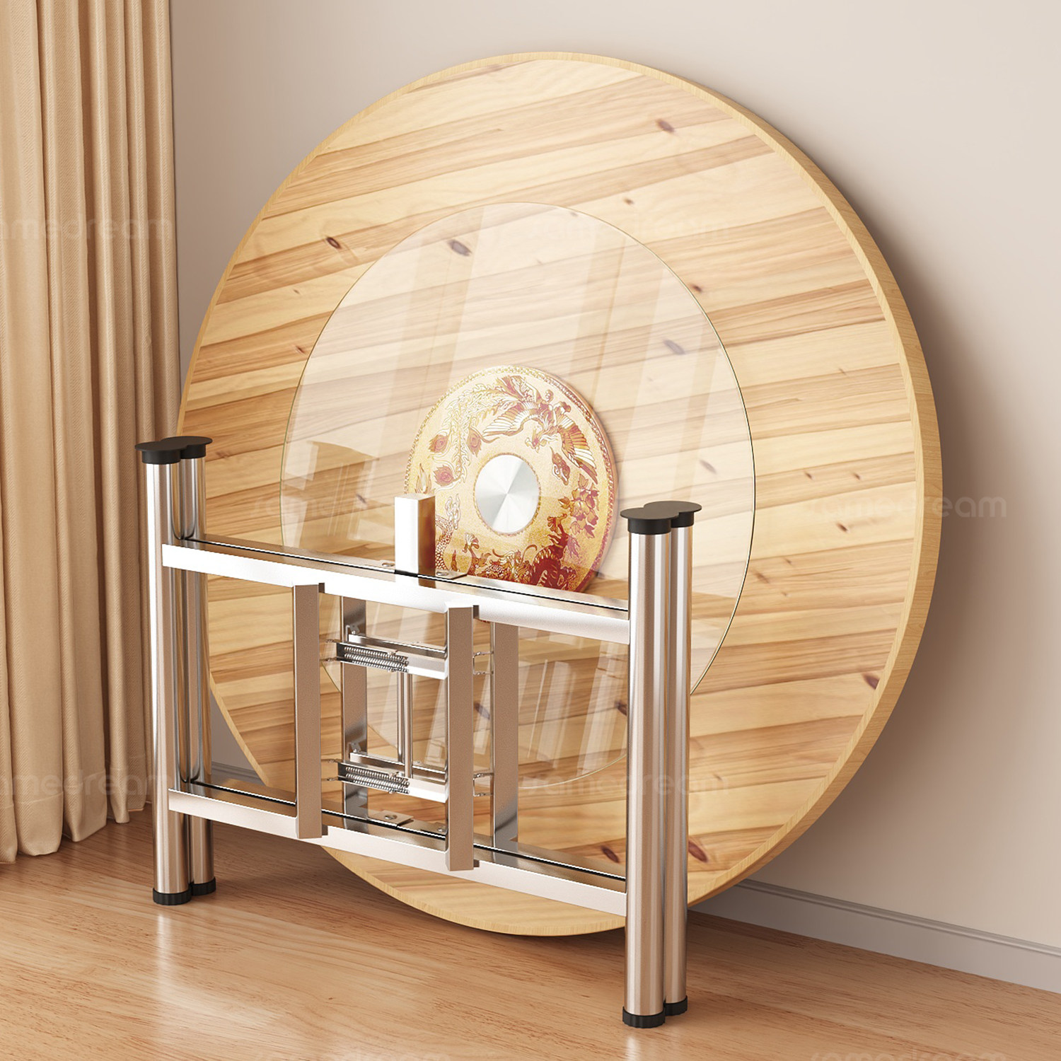 三梦可折叠实木大圆桌带转盘