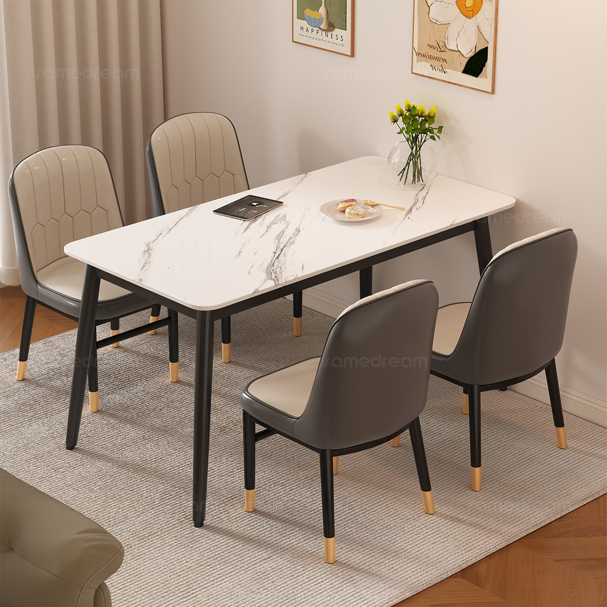 三梦岩板餐桌家用小户型现代简约长方形吃饭桌子出租房餐桌椅组合,住宅家具,岩板餐桌,淘宝优惠券,粉丝福利购,淘宝优惠卷